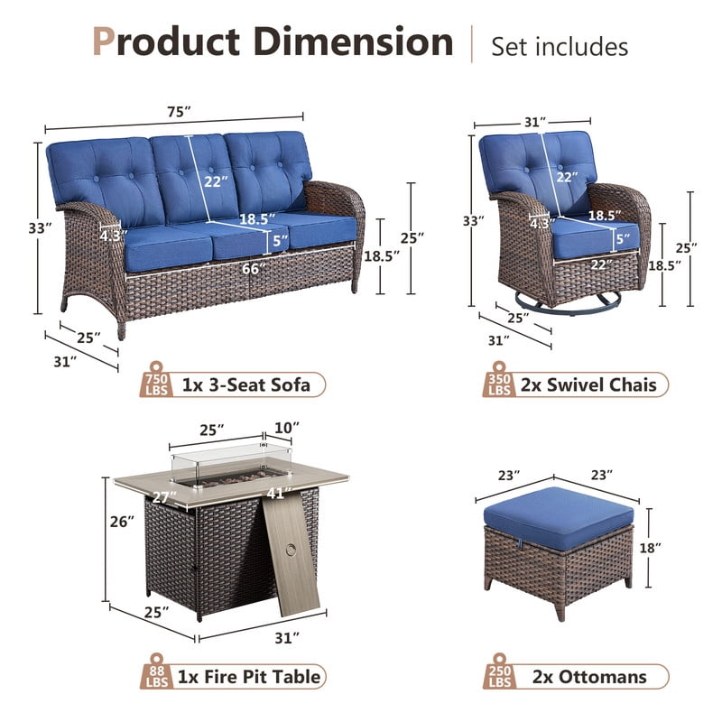 Gymojoy 6-Piece Patio Conversation Set, Outdoor Swivel Glider Lounge Chairs with 5 Inch Cushions and 41 Inch Fire Pit Table,50,000 BTU, Outdoor Furniture Set for Garden, Deck, Backyard