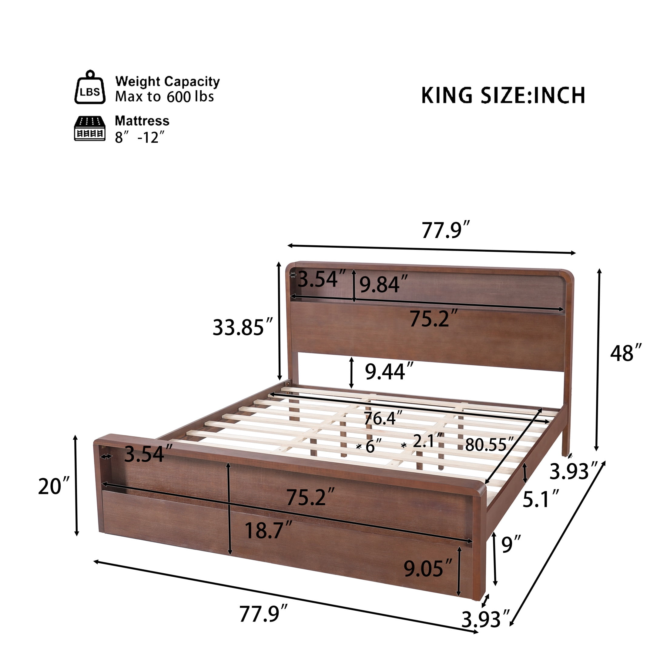 Christopher Knight Home King Solid Wood Bed Frame with Open Storage Headboard & Footboard, Walnut