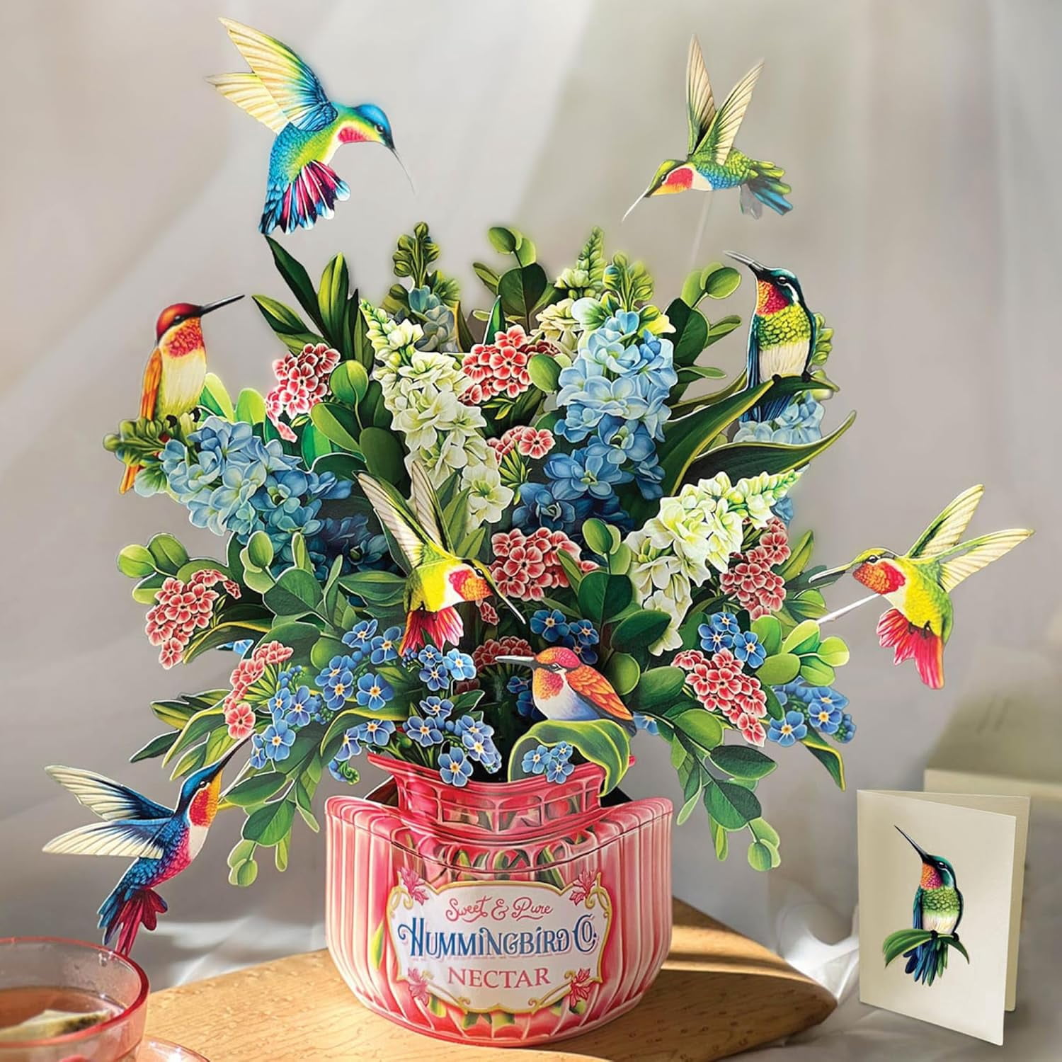 Pop Up Cards, Hummingbird Oasis, 12 Inch Life Sized Forever Flower Bouquet 3D Popup Greeting Card, Birthday Cards, Thank You Card, Blank Notecard & Envelope