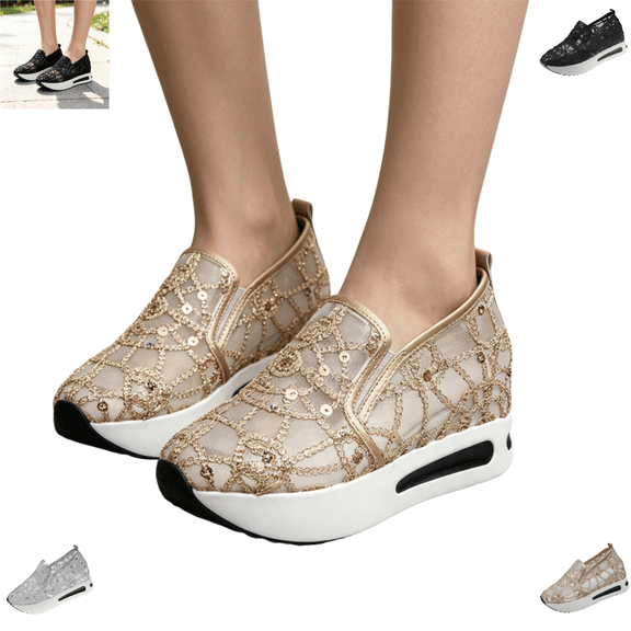YOUYEDIAN Loafers for Women Fashion Lace Deco Mesh Versatile Sequin Embroidered Platform Flats Casual Round Toe Slip On Comfy Breathable Walking Shoes