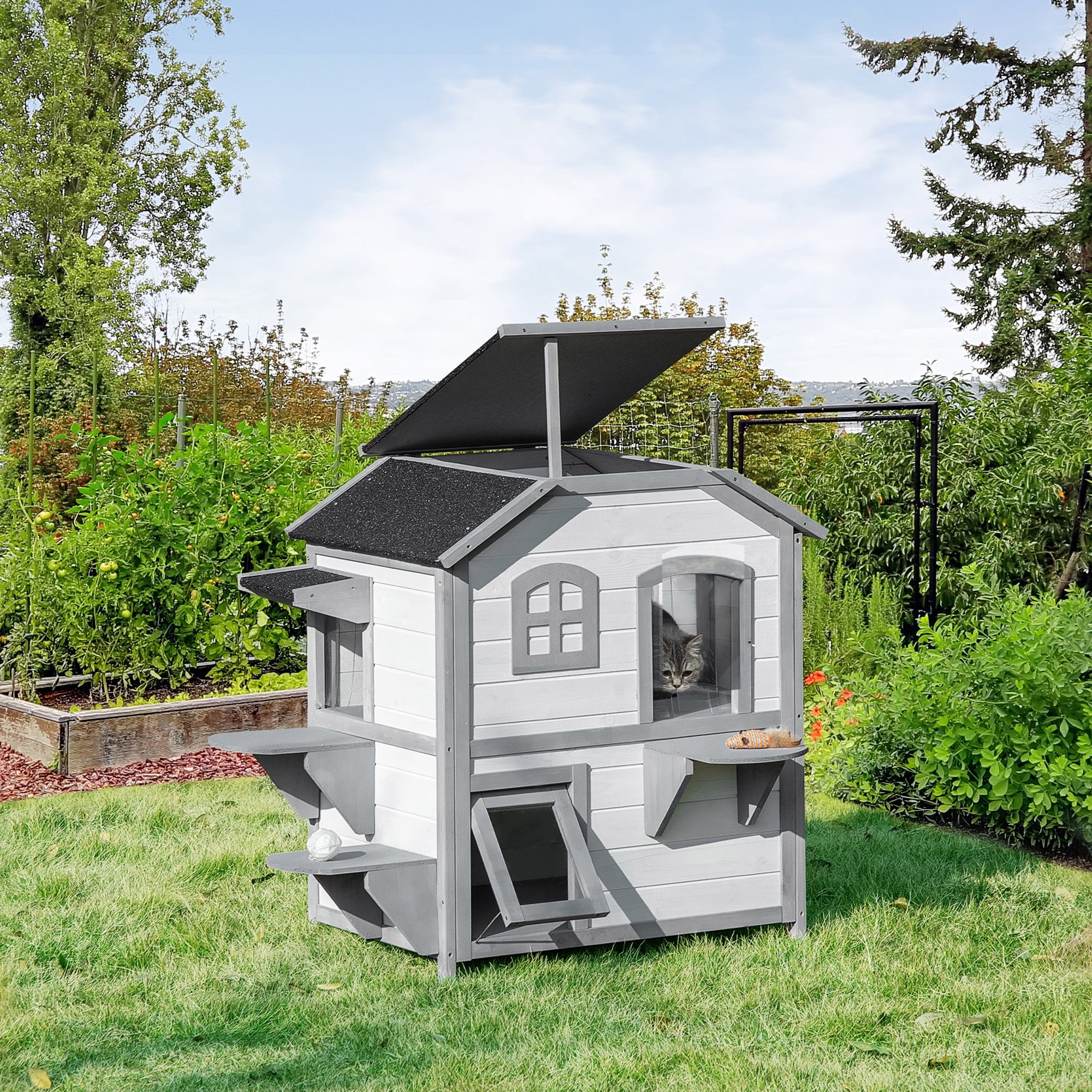 2-story Cat House Outdoor, Weatherproof Wooden Cat Enclosure for Feral Cats with Escape Door, Openable Roof, Jumping Platforms, White