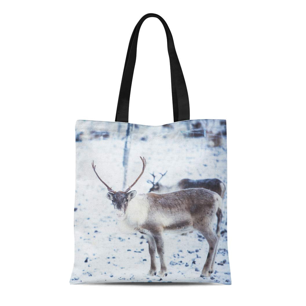 SIDONKU Canvas Tote Bag Group Herd of Caribou Reindeers Pasturing in
