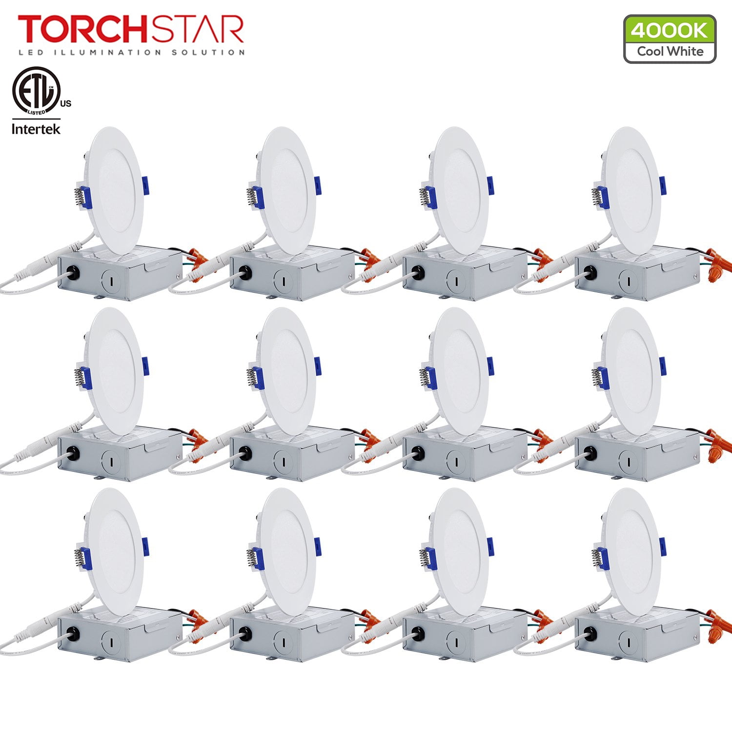 Dimmable 10W 80W Eqv CRI 90+ ETL & Energy Star Listed TORCHSTAR 12-Pack 4 Inch Slim Recessed Lighting with Junction Box Eye-Caring Can-Killer Airtight IC Rated Downlight 4000K Cool White