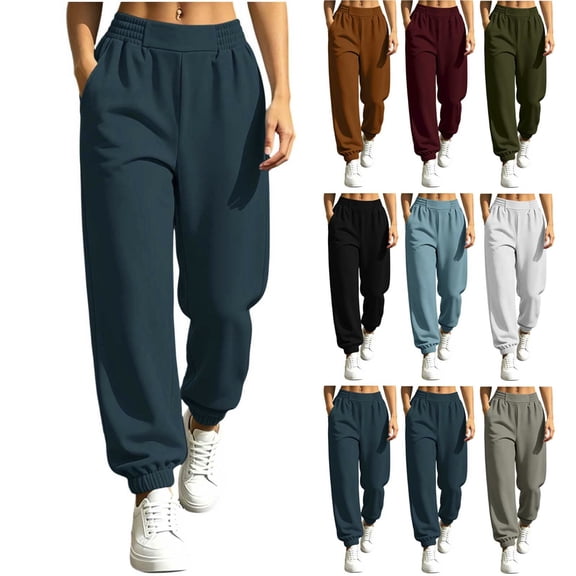 Inverlee Women's Elastic High Waist Jogger Sweatpants Cuffed Ankle Dual Side Pockets Loose Athletic Loungewear Pants Dark Blue (S-XXL)