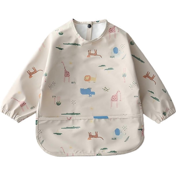 Full Sleeved Bib - Baby & Toddler Waterproof Smock with Tug-Proof Closure-Beige-M
