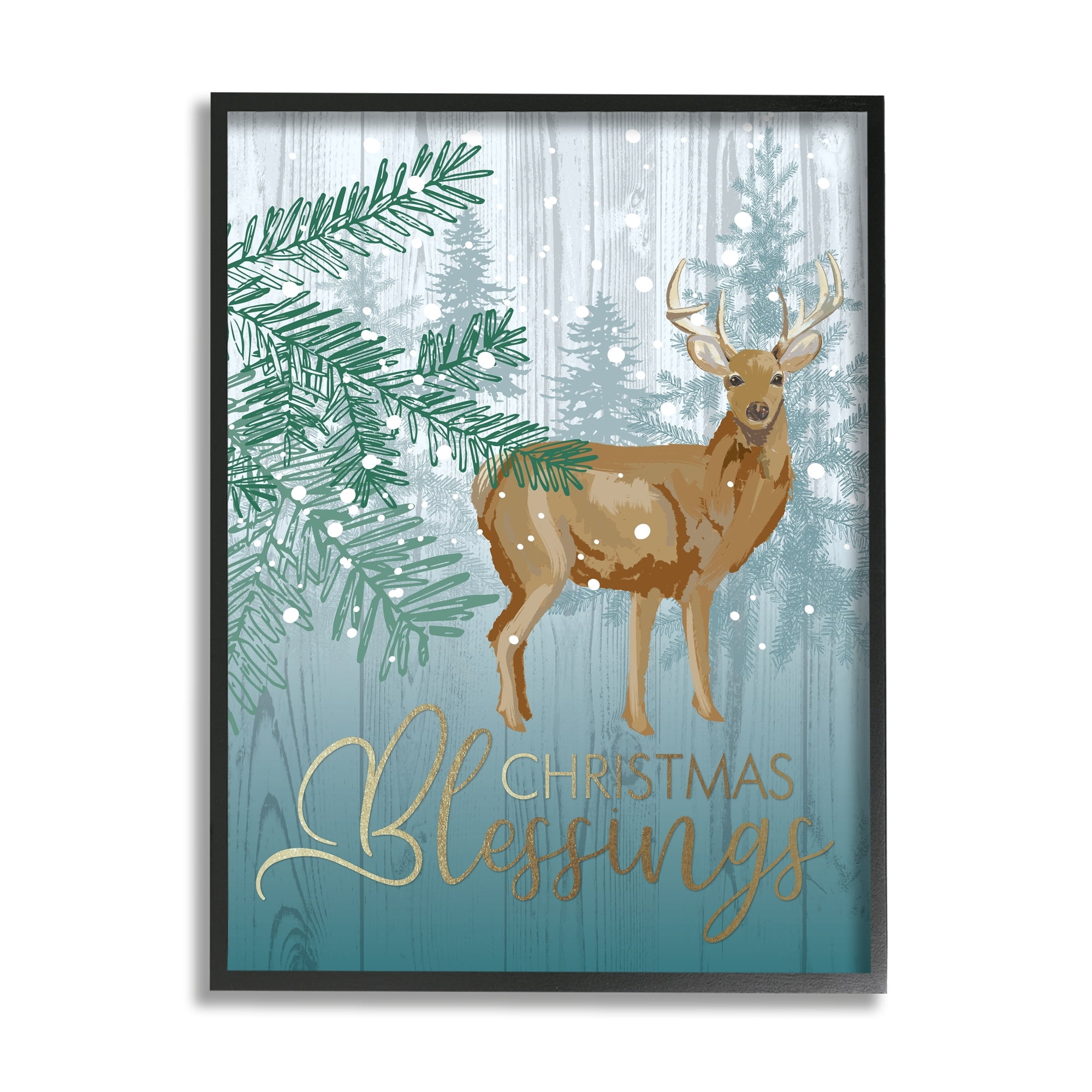 Christmas Blessings Deer & Fir Motif Glam Detail Animals & Insects Graphic Art Framed Art Print Wall Art