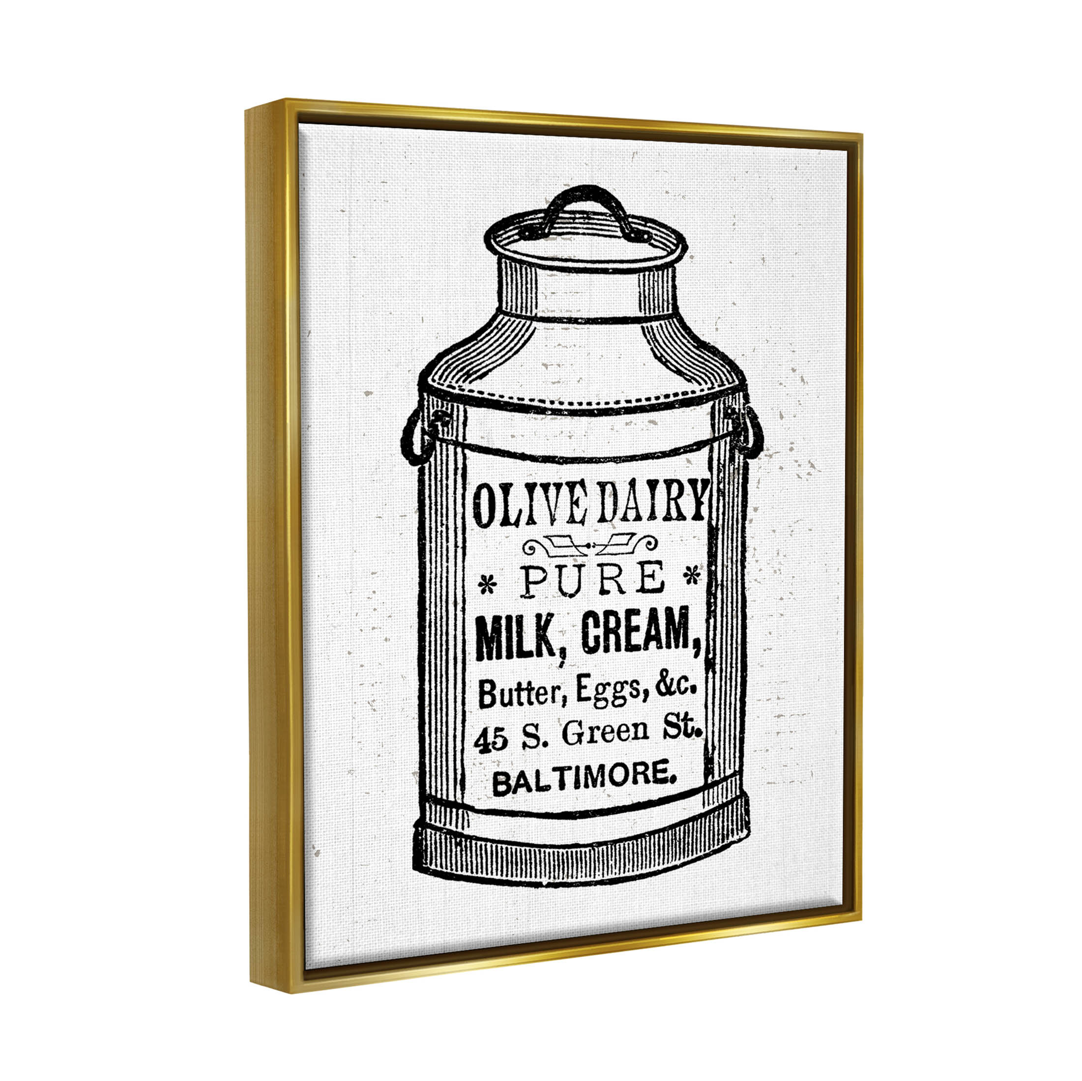 Stupell Industries Olive Dairy Vintage Milk Can Graphic Art Metallic Gold Floating Framed Canvas Print Wall Art, Design by Lil' Rue