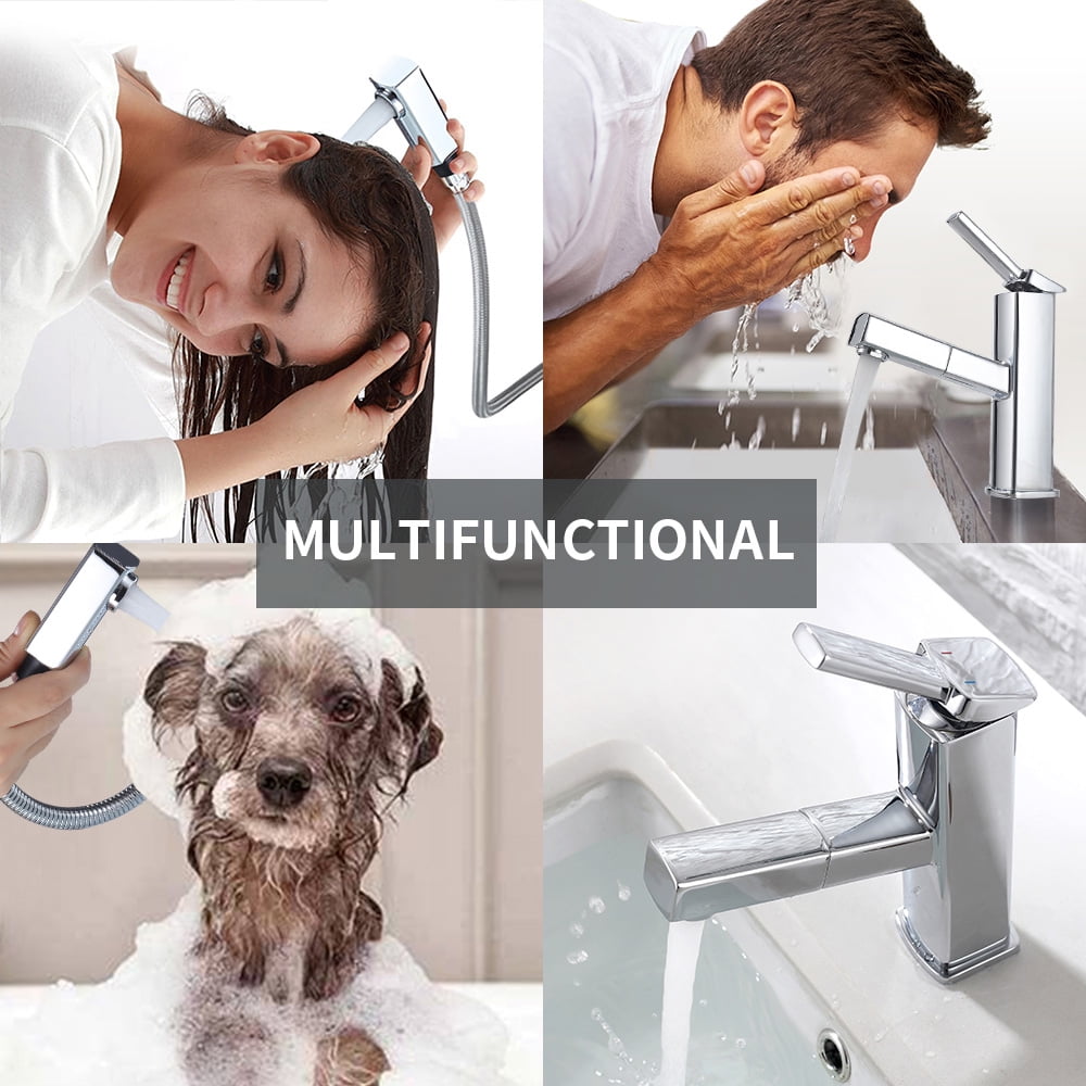 KAIYING Single Handle Bathroom Sink Faucet with Pull Out Sprayer, Rotating Spout, Pull Down Basin Mixer Tap for Hot and Cold Water (Regular, Chrome)
