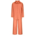 thumbnail image 4 of Oversize Linen Shirts Sets Womens 2 Piece Solid Button Up Lapel Long Sleeve with Wide Leg Pant Fall Spring Outfits (Medium, Orange), 4 of 6