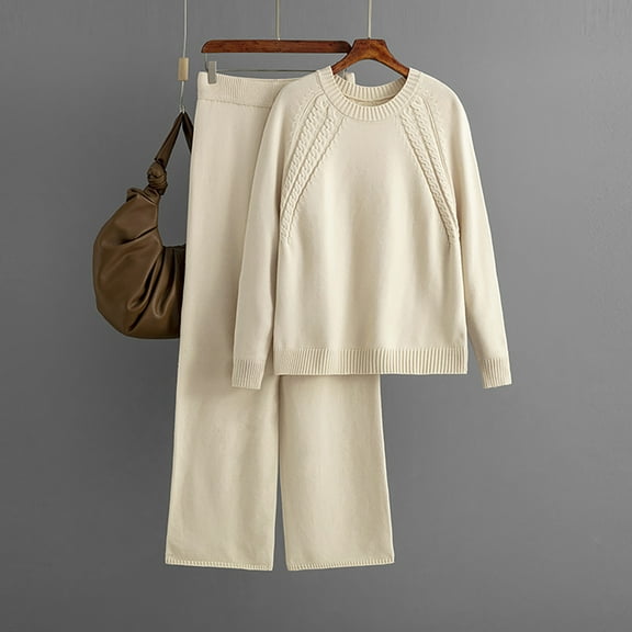 Usmixi Holiday 2 Piece Sweater Sets for Women Lounge Sets for Women Winter Soft Knitted Pullover Sweater and High Waist Wide Leg Long Pant Suits Casual Solid Loungewear Set up to 60% off