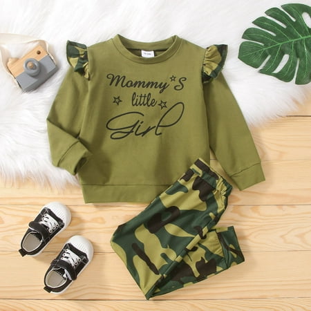 

PatPat Little Girls 2piece Camouflage Clothes Set Flutter Sleeve Letter Print Pullover Shirt Tops and Elastic Waist Camo Pencil Pants Toddler Boys Girls Winter Sweatsuit Outfits Set 1-6T