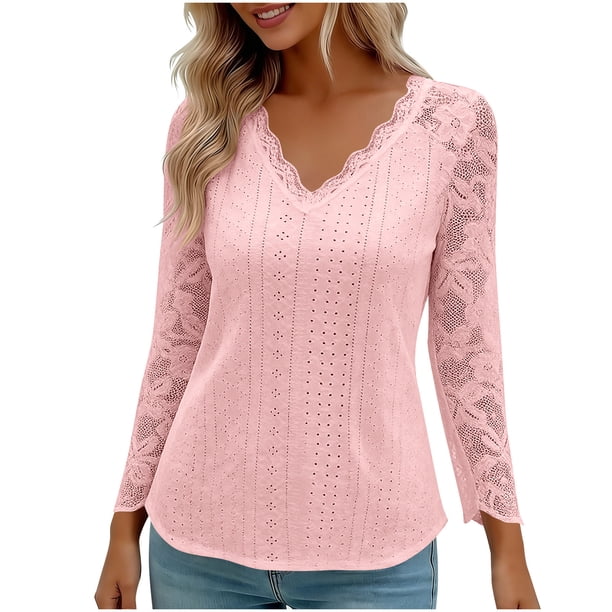 Encaje Manga Larga Tops para las Mujeres Más Tamaño V-Cuello Sólido Casual Blusa, Suave Suéter de Poliéster, Primavera de Uso Diario