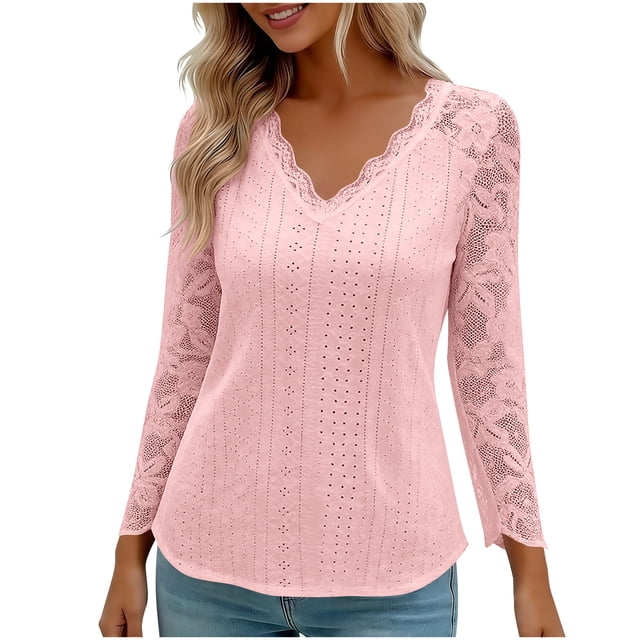 Encaje Manga Larga Tops para las Mujeres Más Tamaño V-Cuello Sólido Casual Blusa, Suave Suéter de Poliéster, Primavera de Uso Diario