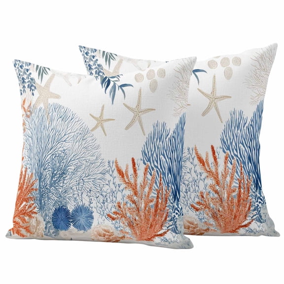 Orange Navy Blue Coral Outdoor Waterproof Pillow Covers, Summer Beach Coastal Ocean Decorative Square Throw Pillowcase Sofa Cushion Sham for Patio/Couch/Chair, 16"x16" 2 Pack