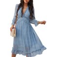 thumbnail image 1 of Women's Spring Summer Dress Deep V 3/4 Long Sleeve Dress Ruffle Hem & Trim, 1 of 2