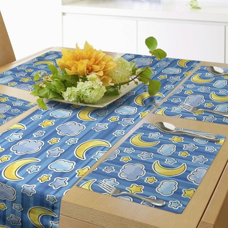 

Cartoon Table Runner & Placemats Abstract Skyline with Stars Clouds and Crescent Moon Vertical Striped Doodle Art Set for Dining Table Placemat 4 pcs + Runner 16 x72 Yellow Blue by Ambesonne