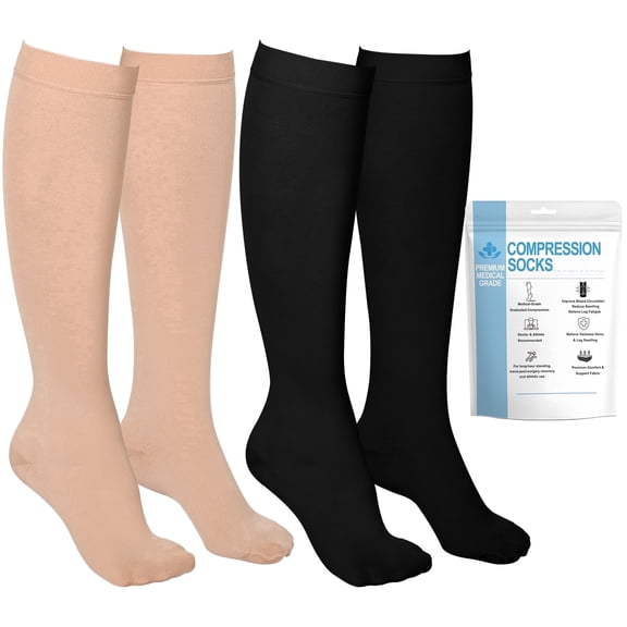 MARTINE MALL 2 Pairs Closed Toe Medical Compression Stockings, 20-30 mmhg Knee High Graduated Compression Socks for Women Men(Beige Black,L)