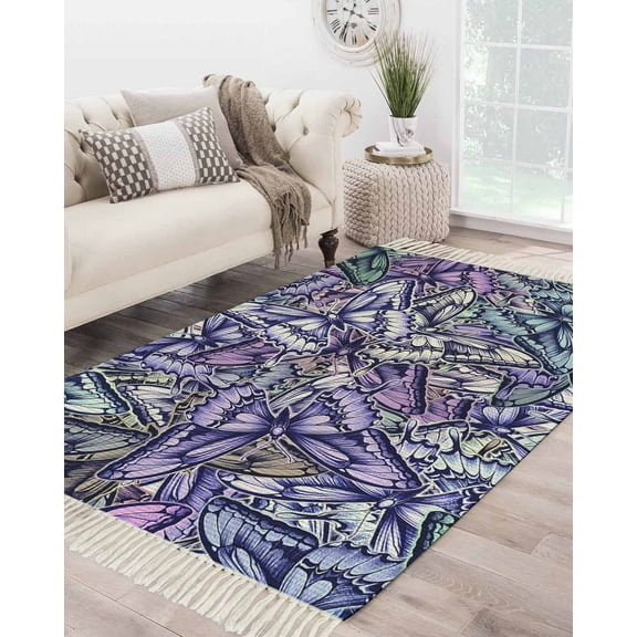 Purple Blue Teal Butterfly Large Area Rug 4x6ft Woven Runner Rug,Modern Abstract Art Washable Living Room Bedroom Kitchen Bathroom Classroom Carpet with Tassels,Indoor Outdoor Throw Door Mat