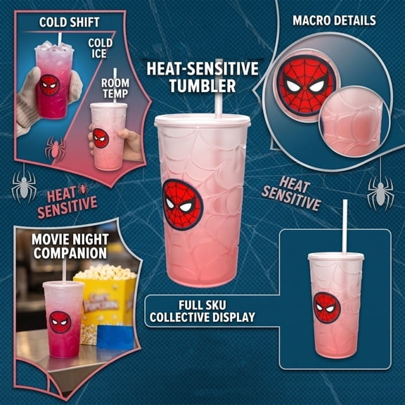 Spider Brand New Spidey Superhero Heat-Sensitive Color Changing 27OZ Reusable Plastic Tumbler With Lid And Straw Double Wall Drink Cup With Web Pattern Graphic For Cold Beverages D001 Red 27"