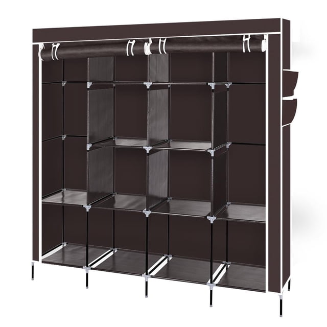 SalonMore 67" Clothes Closet Portable Wardrobe Clothes Storage Rack 12 Shelves 4 Side Pockets Dark Brown