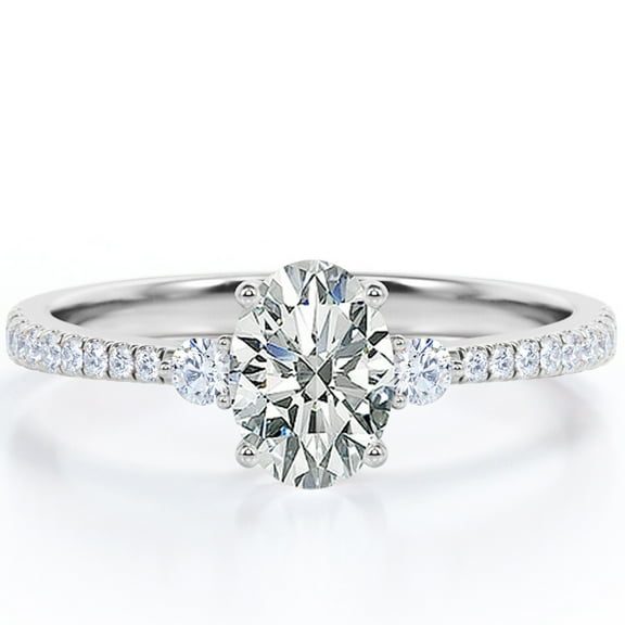 JeenMata Past Present Future 1.75 Carat Oval Shape Moissanite Pave Prong Set Engagement Ring In 18K White Gold Plating Over Silver