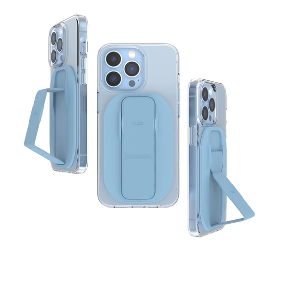 CLCKR Compact Mobile Cell Phone Grip Holder Compatible with MagSafe iPhone 15, 14, 13, Pro, Pro Max, Plus, Magnetic Phone Kickstand with Finger Strap, 3500G Extra Strong Magnet, Light Blue C40
