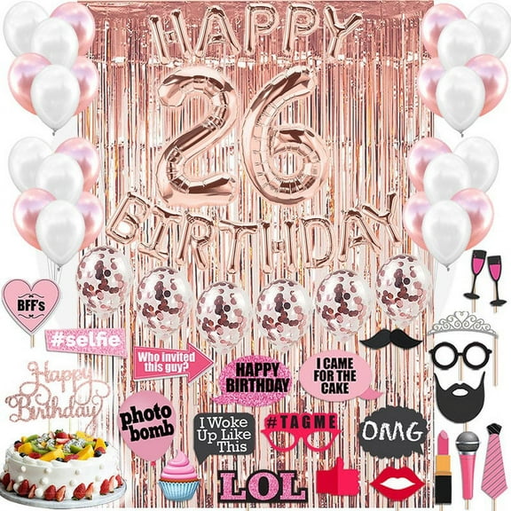 27th Birthday Decoration Rose Gold, 27 Party Supplies Decoration, 27th Sash, 27 Cake Topper, 27th Photo Props, confetti Balloons, Curtain