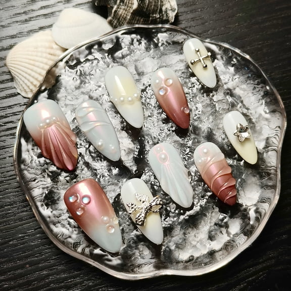 Original Handmade Minimalist Press-On Nails - Brown & Pearl Fake Nails with Diamond & Gem Accents, Artisan-Crafted Elegant Decorative Nails, Iridescent Gradient Nail Sets for Stylish Daily