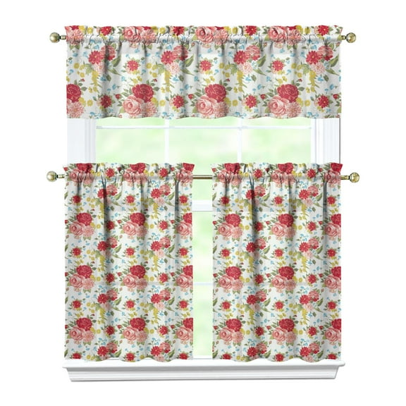 Kitchen Curtains and Valance Set 36 Inch Tier Pioneer Colorful Floral 3 Pieces Set Dining Room Small Curtain Drapes Cafe Curtains Valance for Home Decor Rod Pocket