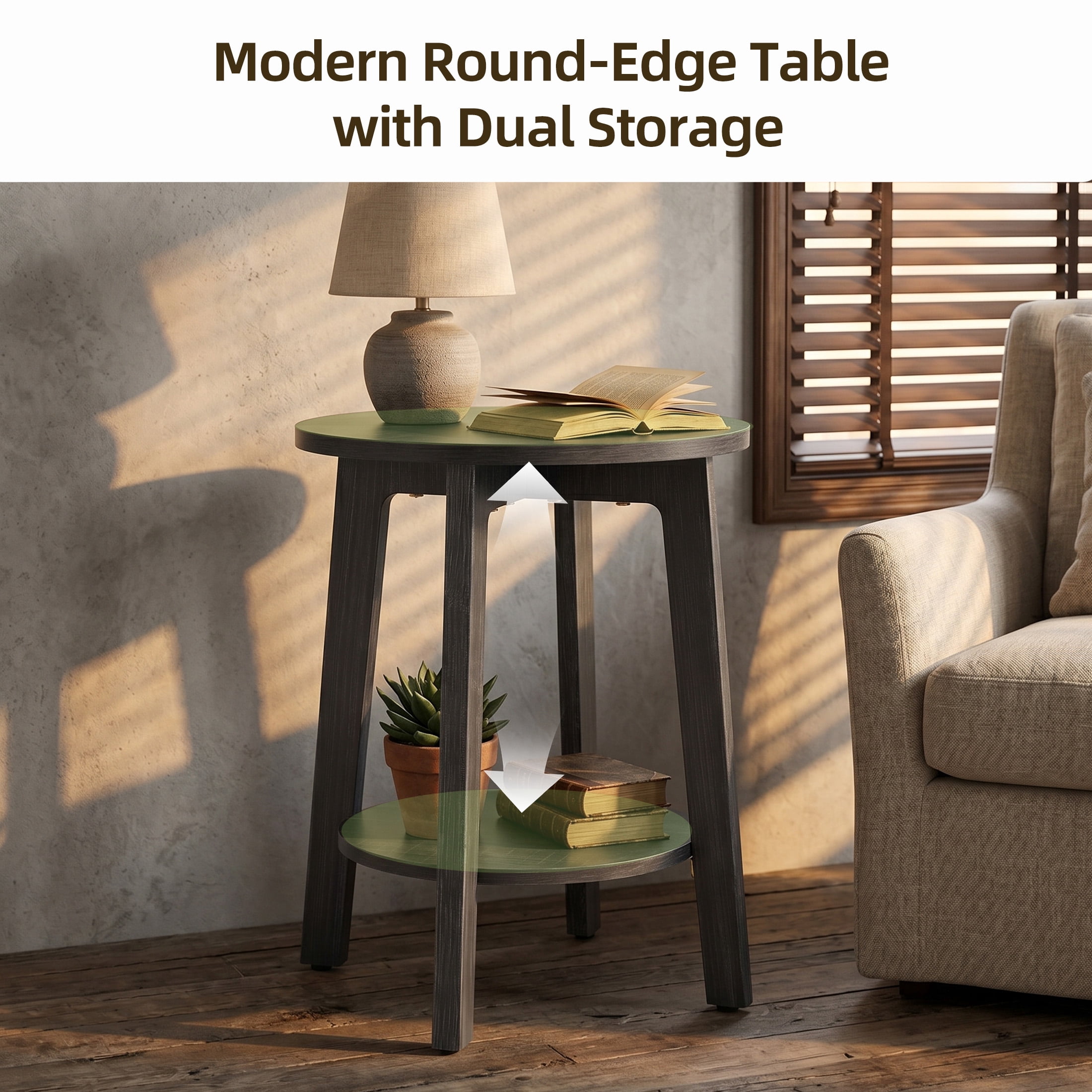 EDX Small Round End Table, Modern Nightstand with Tapered Legs, 2-Tier Storage Side Table, Easy Assembly, Space-Saving Accent Table for Living Room Bedroom, Grey