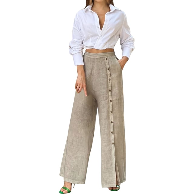 Conjunto de camisa y pantalones holgados de mujer, de color liso, dos piezas, corte holgado, poliéster-spandex, tallas S-XXL