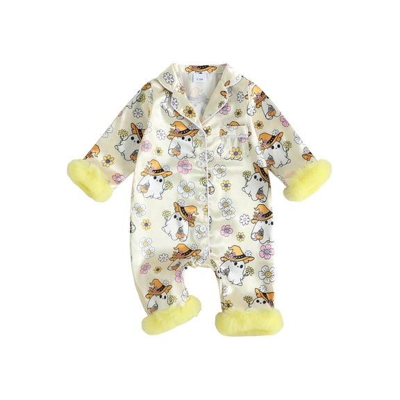 Cjfdfy Newborn Baby Girl Boy Halloween Fall Pajamas Romper Ghost Floral Print Long Sleeve Fuzzy Trim Lapel V Neck Pajamas Silky Button-up Sleepsuit Cute My First Halloween Fall Winter Pjs 0-2Y 