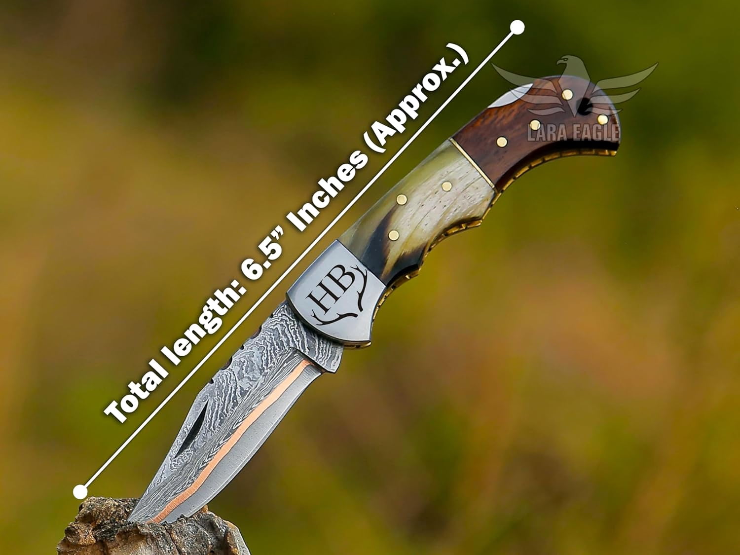 Copper Damascus Pocket Knife – Ram Horn & Rose Wood Handle, Folding Tactical Hunting Knife with Sheath & Sharpener – Great for Camping, Hiking, and Survival