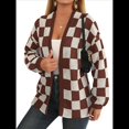 thumbnail image 1 of Cárdigan de Cuadros de Talla Grande para Mujer, Suéter Holgado con Estampado A Cuadros y Abertura Frontal, Prenda Exterior Marrón S, 1 of 9