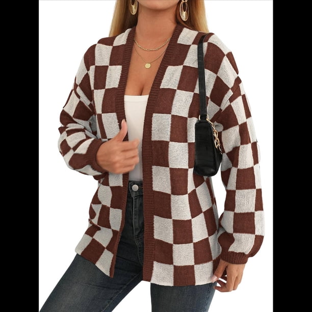 Cárdigan de Cuadros de Talla Grande para Mujer, Suéter Holgado con Estampado A Cuadros y Abertura Frontal, Prenda Exterior Marrón M