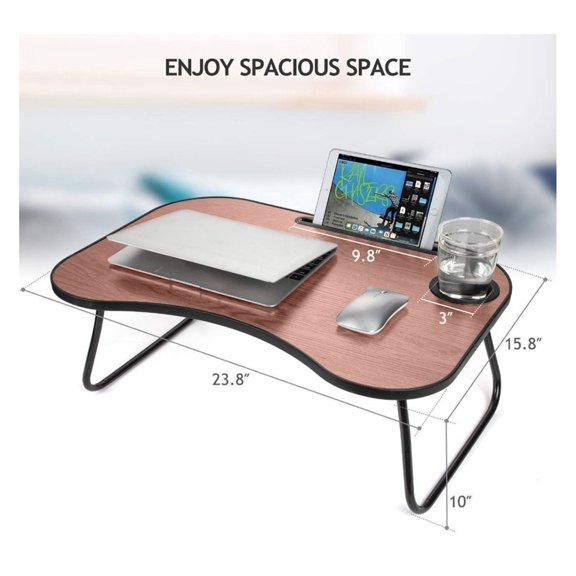 Laptop Bed Desk, Portable Lap Desk with Cup Holder - 23.8"x15.8" Wood Folding Laptop Stand for Bed, Couch, Car, Home Office, Kids Homework