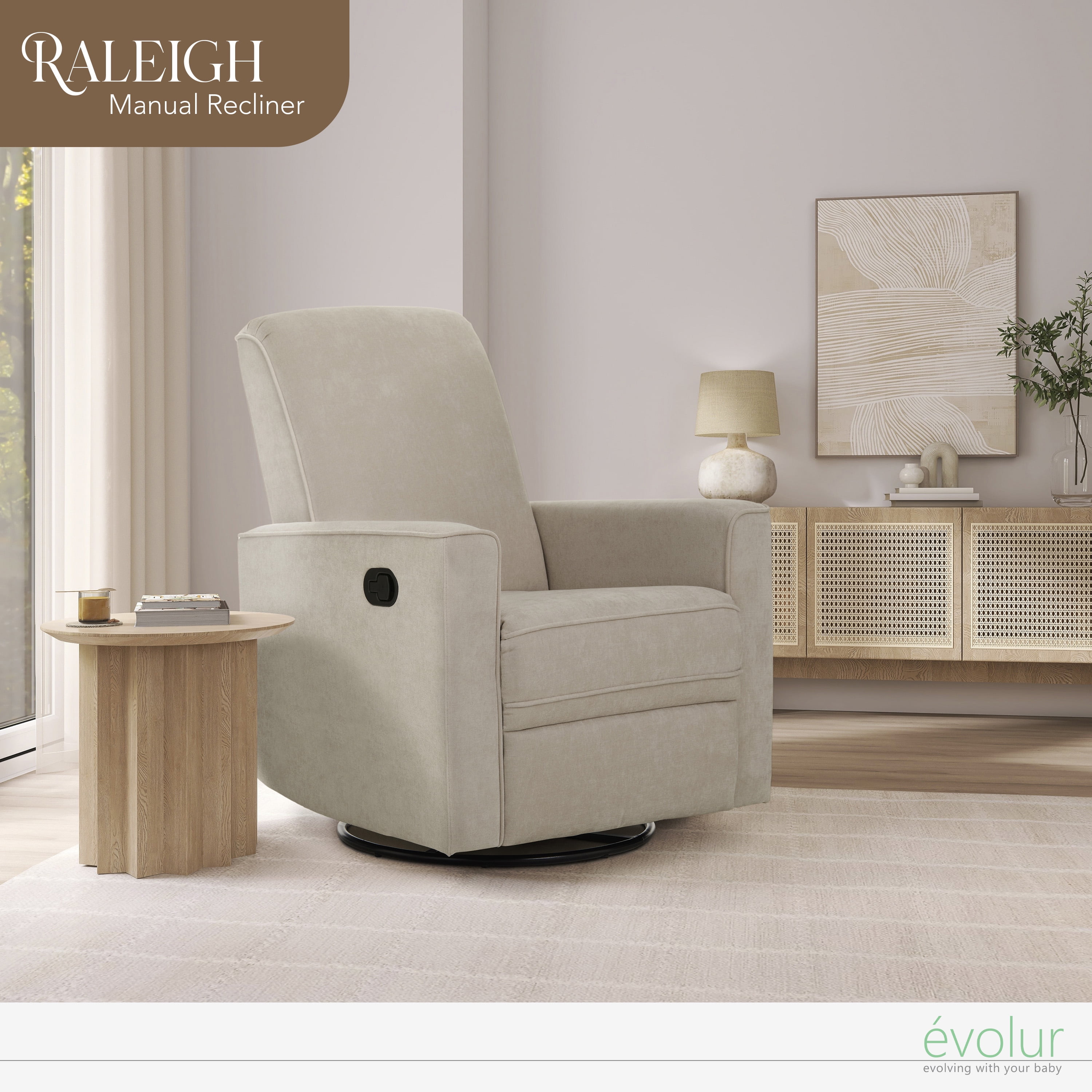 Evolur Raleigh Nursery Glider Recliner and Rocking Chair in Tan, 360° Swivel Motion, Multiple Recline Positions, Easy to Clean, FSC and Greenguard Gold Certified
