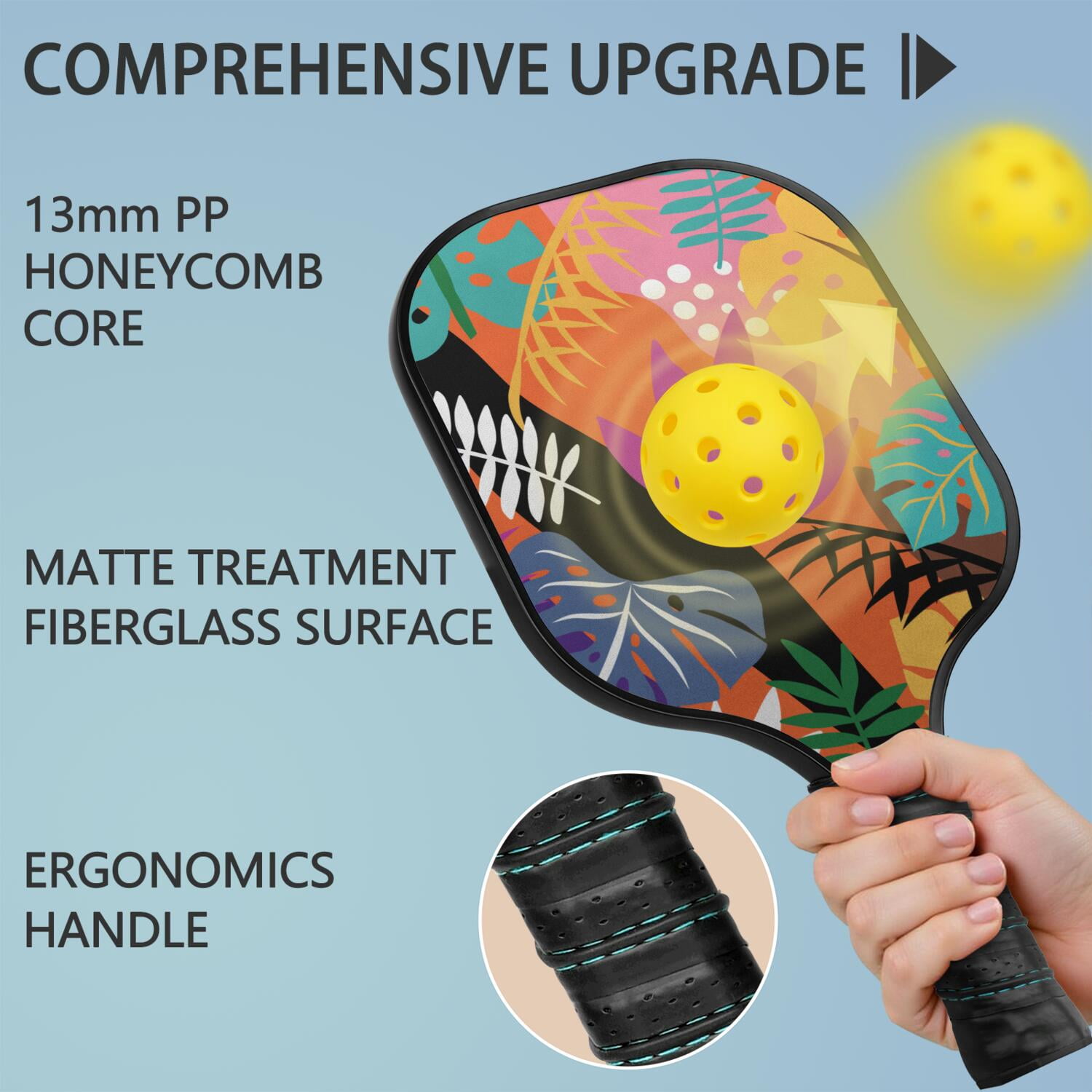 Pickleball Paddles Set Of 2, Fiberglass Surface, Tropical Jungle Print, 4 Balls & Bag