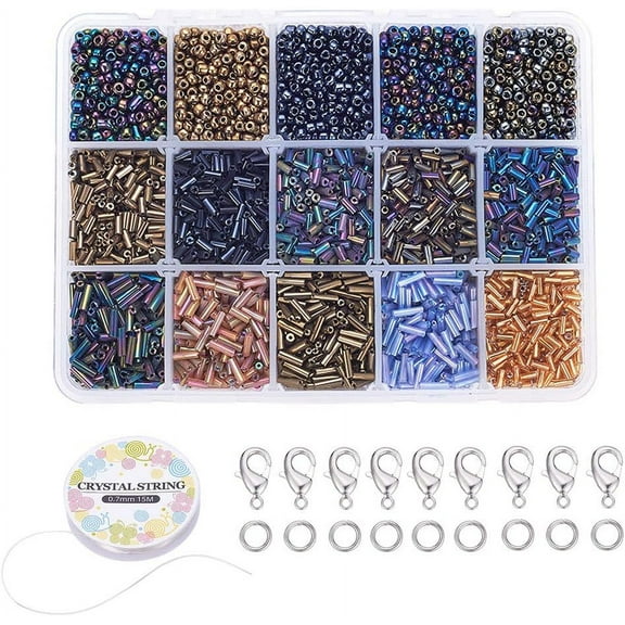 PH 15 Color Glass Seed Beads Jewelry Making Kit 4/ 6mm Lined Glass Bugle Beads 8/0 Seed Beads with Lobster Claw Clasps Jump Rings Elastic String for DIY Craft Multi-color