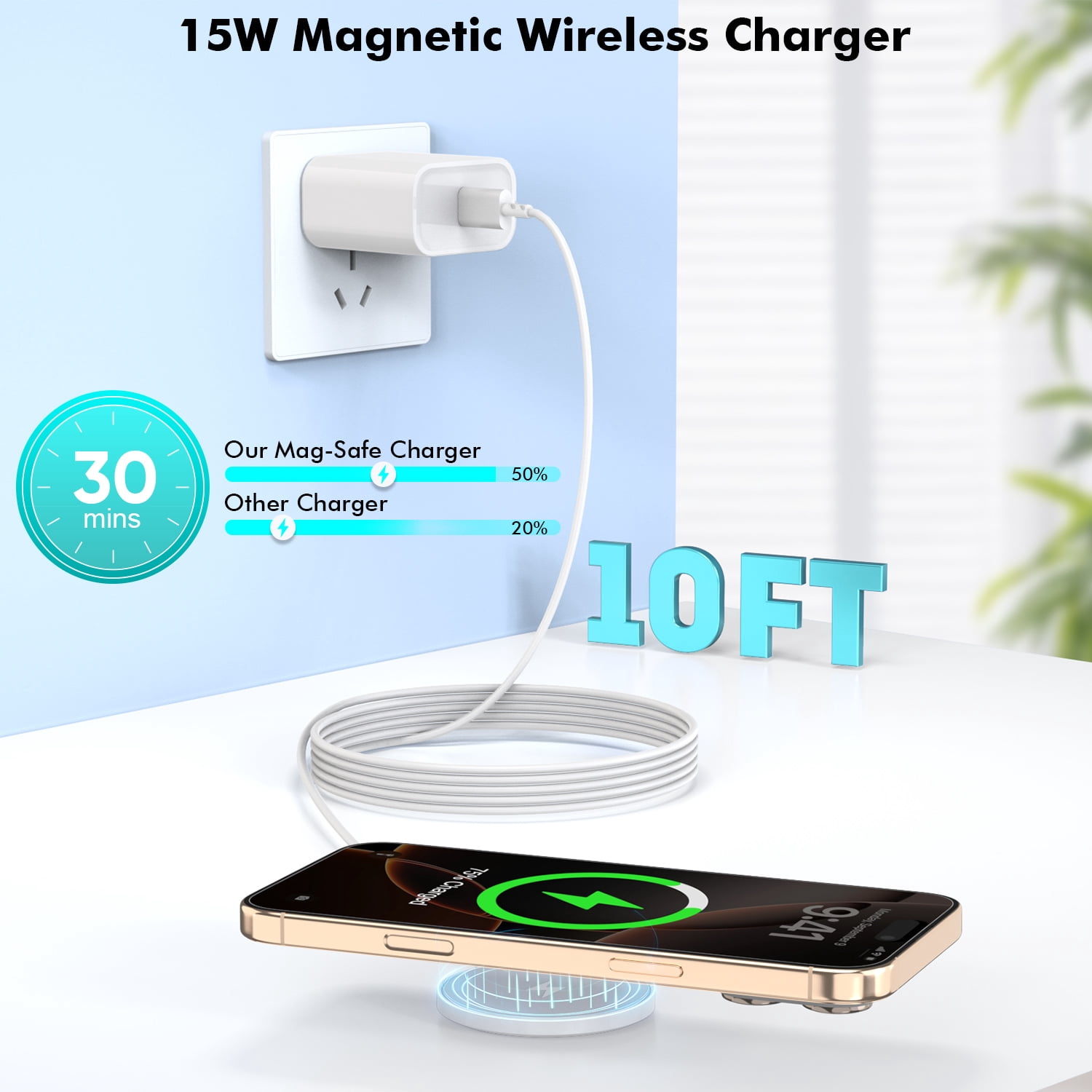 Magnetic Wireless Charger for iPhone 17 16 15,Fast Charging 10FT Long Cable with PD Fast Charger Block Compatible with iPhone 17 Pro Max/iPhone 16 Pro Max/15/Plus/Pro/14/13/12 Series,AirPods 3/2/Pro