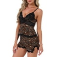 thumbnail image 4 of INSPIRE CHIC Women's Pajama Set Lace V Neck Nightwear Cami Tops with Elastic Waist Slit Shorts Camisole Lingerie Sets S Leopard, 4 of 6
