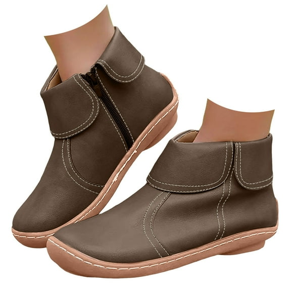 Dakaela Ankle Boots for Women No Heel Arch Support Walking Booties Slip on Flat Casual Shoes Brown 5.5