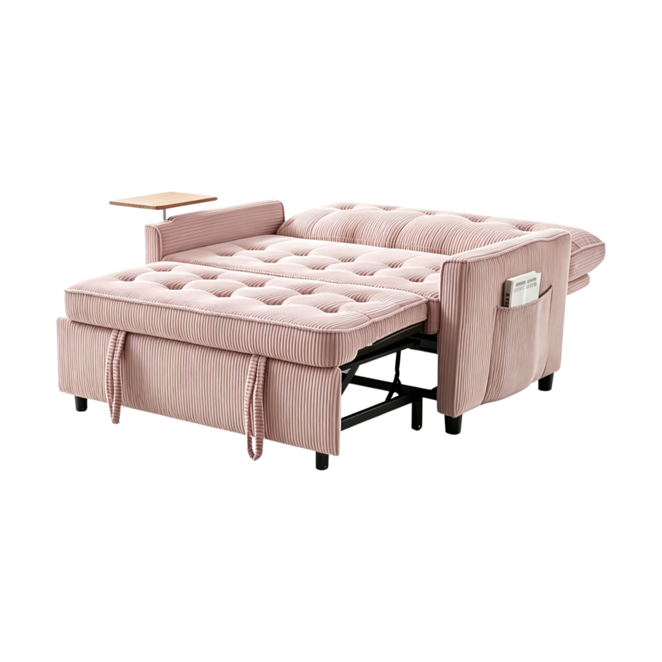Vinform 3 in 1 Convertible Sleeper Sofa Bed, 55" Corduroy Pull Out Loveseat with Arm Table for Small Space, Pink