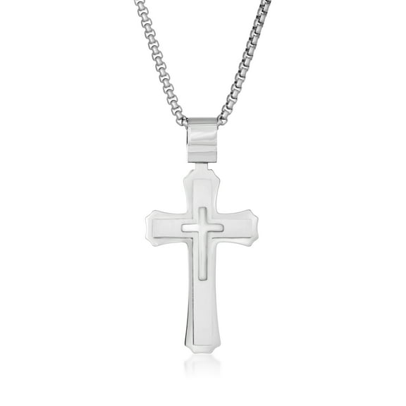 Metro Jewelry Stainless Steel Large Three Layer Cross Pendant - 24 Inch Ball Chain