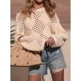 thumbnail image 4 of Women'S Crochet Off the Shoulder Hollow Out Knit Tops V Neck Long Sleeve Sweater Top Apricot S, 4 of 10