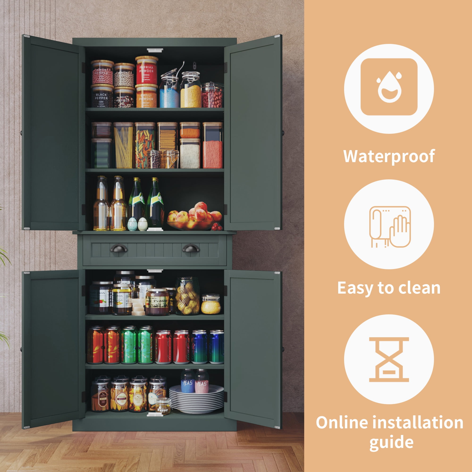 HLR 72" Tall Kitchen Pantry Cabinet with Drawer & Adjustable Shelves, Freestanding Storage Cabinet, Green
