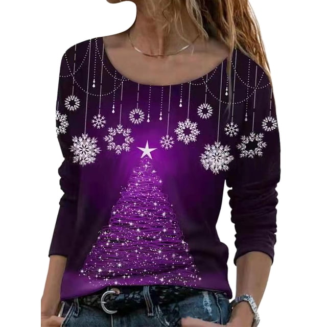 LUXUR T-shirt de Noël pour Femmes Col Rond Manches Longues T-shirt Ample Imprimé Flocon de Neige Tunique Blouse Violet 2TG