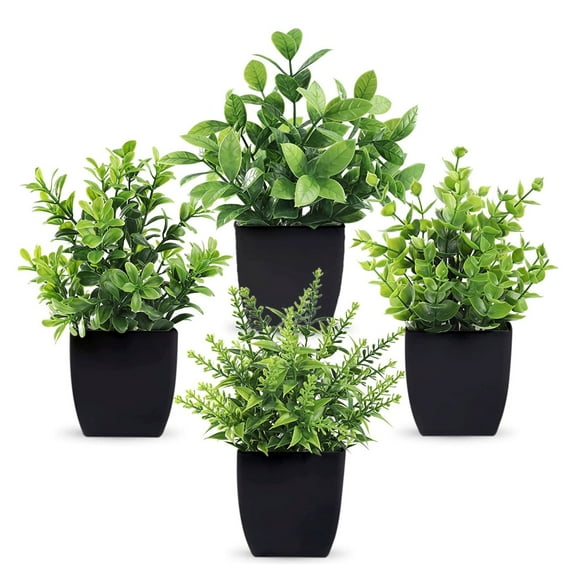 MixMart 4Pack Mini Simulation Potted Plants Fake Plants with Pots Artificial Green Plants Aloe Vera Leaf Potted Plants with Black Pots for Indoor Home Office Bathroom Farmhouse Decoration
