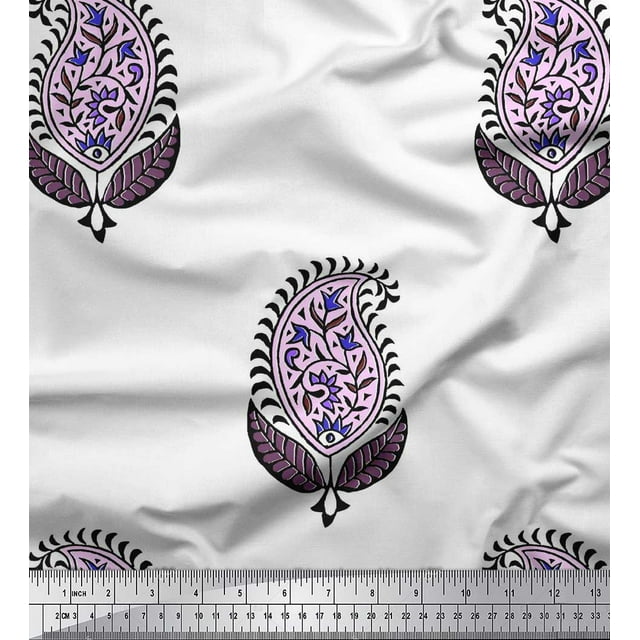 Soimoi Poly Georgette Fabric Leaves & Paisley Block Print Fabric by Yard 42 Inch Wide