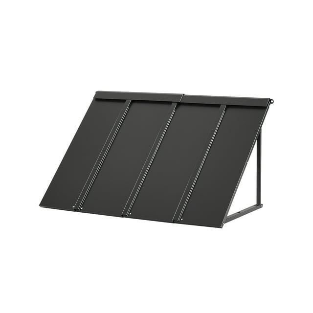 VEVOR Window Awning Door Canopy, measuring 44x24 inches, shown in a front-facing view. The canopy features a sleek black finish with durable 0.8mm steel tiles and a triangular support structure for stability. Designed for outdoor use, it provides protection against sun, rain, and snow, with a sloped design for effective water drainage. Ideal for doors, windows, and outdoor spaces.